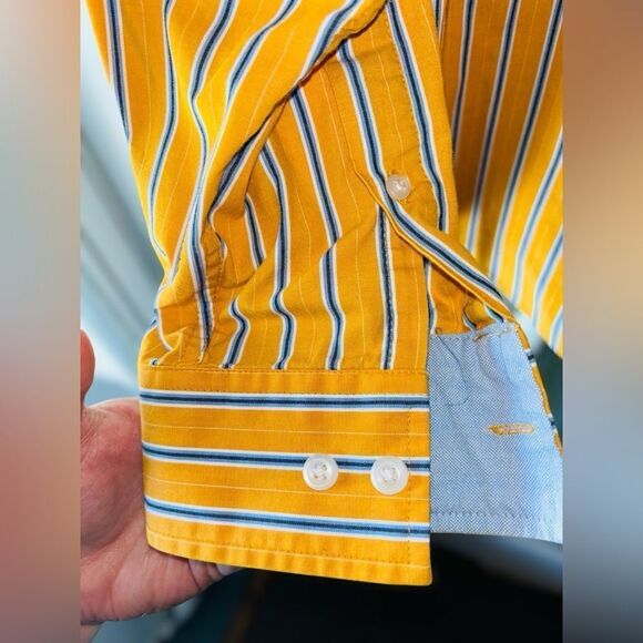 Croft & Barrow Men’s Large Yellow w/Blue Stripes Long Sleeved Button Up Shirt - Picture 5 of 8